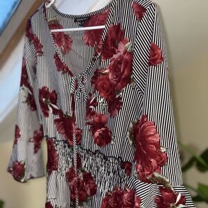 Striped Floral Dress with Red Roses